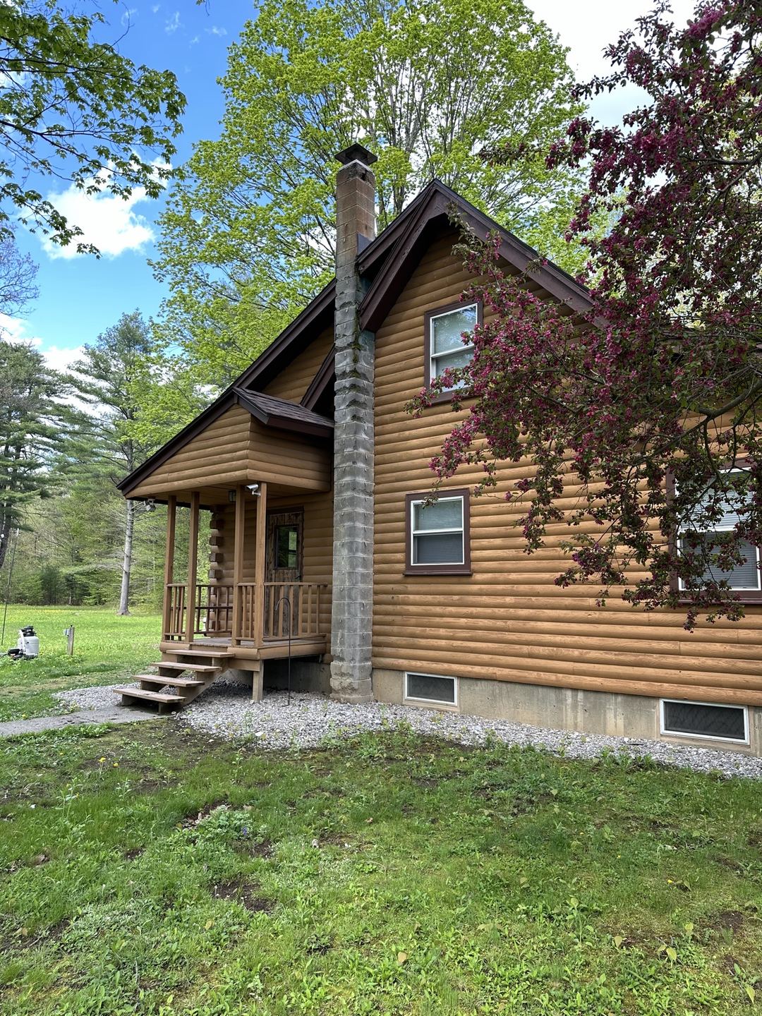 Before: the cabin's bare concrete block chimney, from the front yard